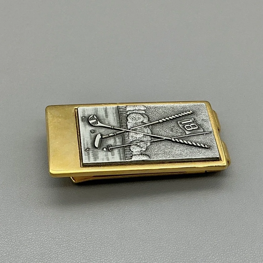Anson Golf Money Clip Vintage Gold Tone Golf Clubs Hole 18 Men's Accessory